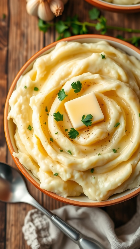Creamy garlic mashed potatoes in a bowl, topped with butter and parsley, on a rustic table.